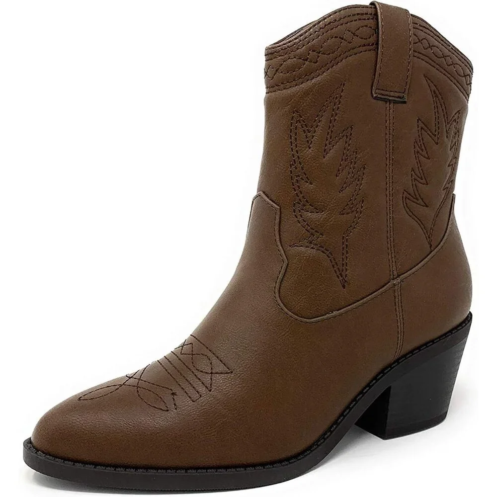 Women's Brown Western Cowgirl Stitched Mid Calf Ankle Boots Side Zipper